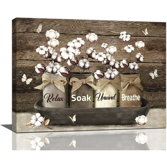 Farmhouse Bathroom Wall Art Country Bathroom Wall Decor Rustic Cotton Flower Rustic Relax Soak Unwind Breathe Pictures Canvas Prints Framed Modern Artwork for Home Bathroom Toilet 16"x12"