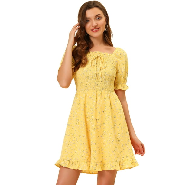 Vestido de mujer con volantes y volantes en la espalda con escote corazón fruncido y manga abullonada Amarillo M