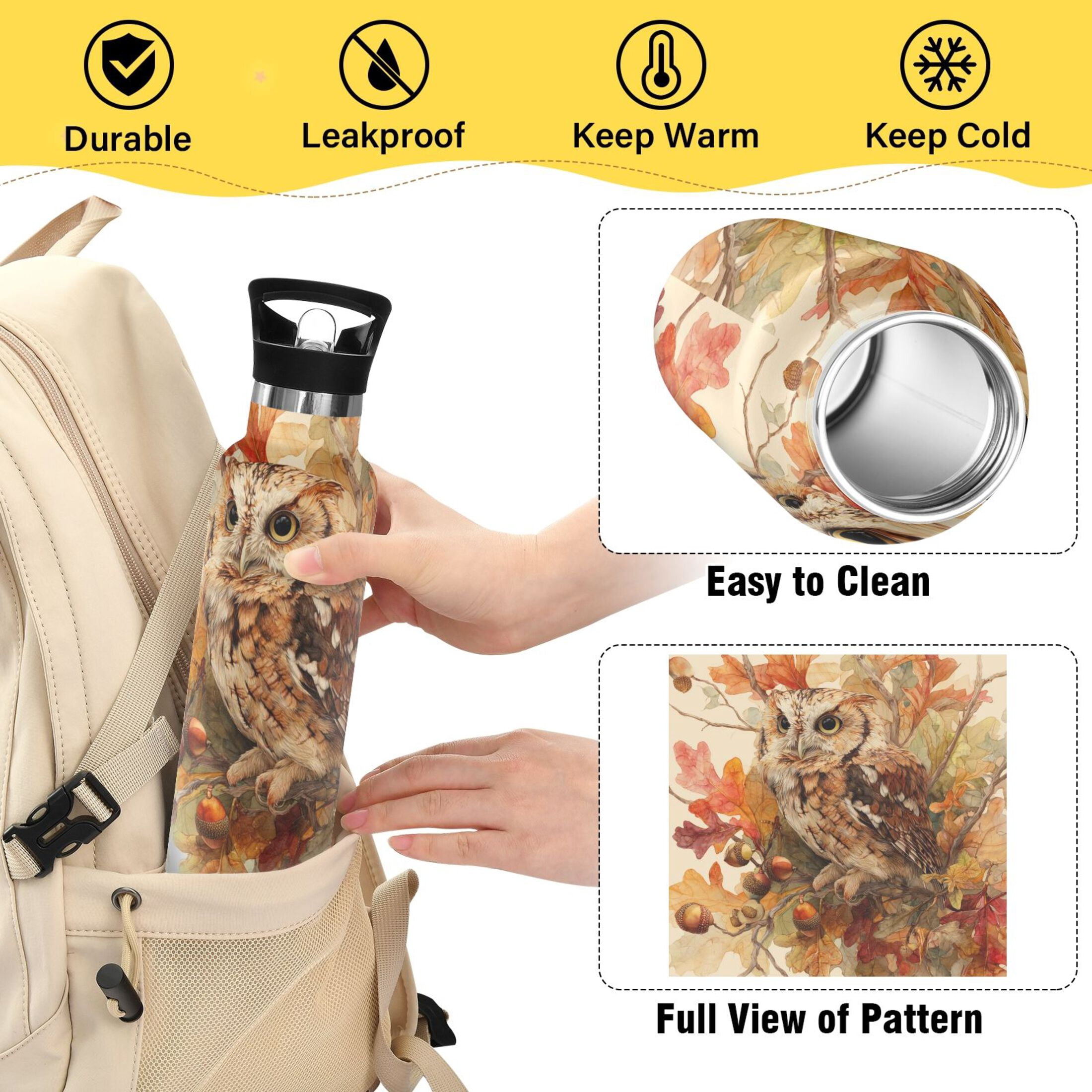 Kids Insulated Stainless Steel Sports Water Bottle 600ml Owl and Branch