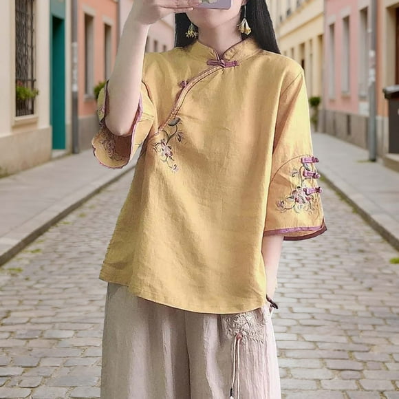 Cameland Women's Casual Fashion Chinese Collar Color-Blocking Button Embroidery Short Sleeve Top