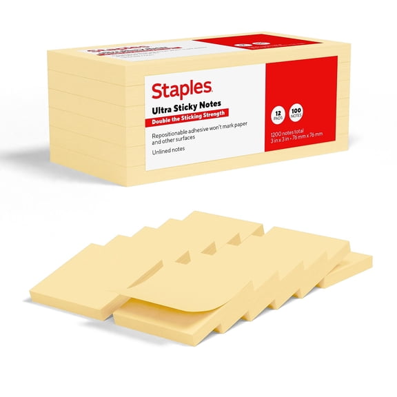 Staples Ultra Sticky Notes 3" x 3" Sunshine Collection 100 Sheets/Pad 12 Pads/Pack (ST62887)