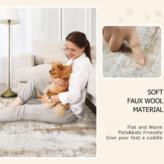 5x8 Area Rug, Abstract Washable Rugs for Living Room Low Pile Neutral Area Rug for Bedroom Aesthetic Non Slip Rubber Backed Carpet Rugs for Living Room Bedroom Dining Room(Beige/Camel)