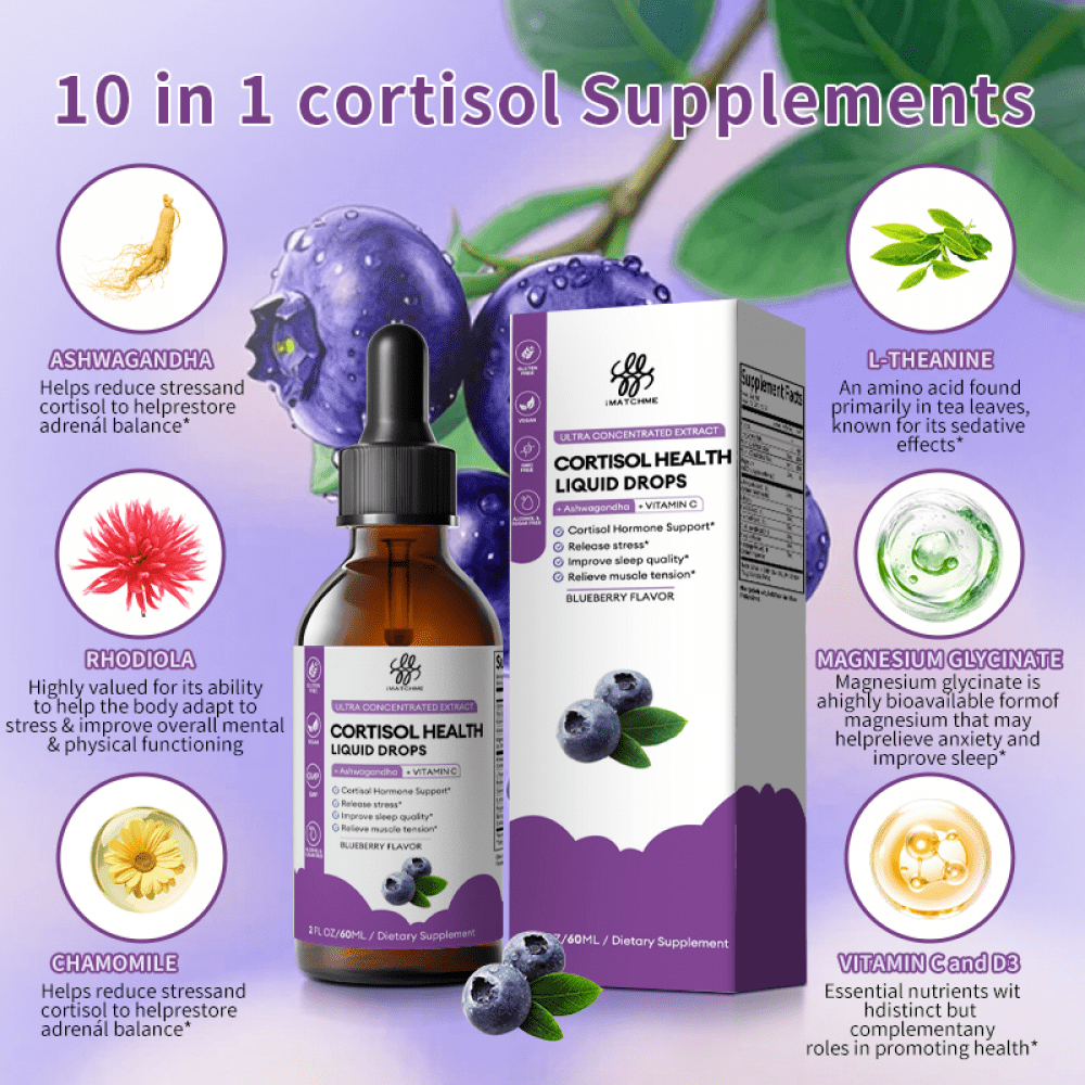Cortisol Supplement Liquid Drops, 10 in 1 Cortisol Manager Reducer with Magnesium, Ashwagandha, L-theanine for Balanced Cortisol and Mood Support - 4 fl oz, 2 Pack, Blueberry Flavor
