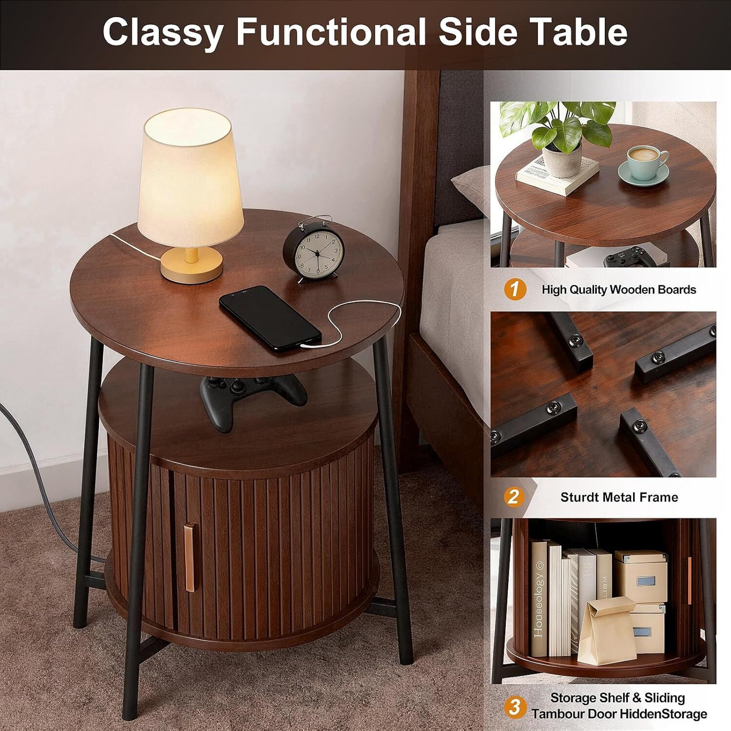avobird Round End Tables Set of 2 & Charging Station, Fluted Accent Side Table with Sliding Door, Mid-Century Modern Nightstand set of 2 for Small Space Storage, Living Room, Bedroom,Sofa, Walnut