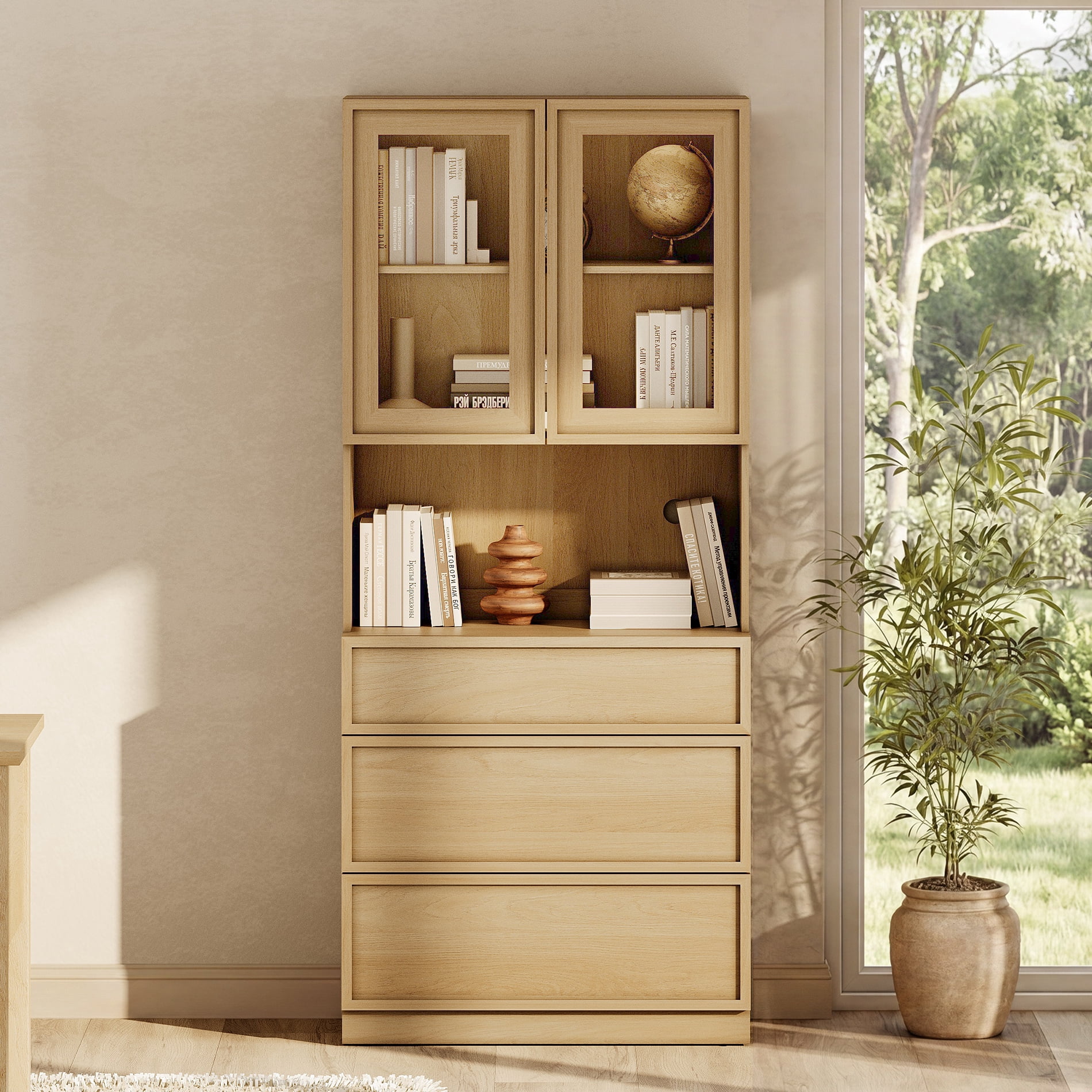 Modern 72" Tall Bookshelf with 3 Drawers and Book Shelves, Library Bookcase with Storage Cabinet and Glass Display Shelves,Oak