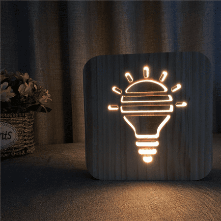

Light Bulb Night Light for Kids Wooden 3D Lamp Creative Wooden Lights Simple Decorative Lights 3D Wood Carving Pattern LED Night Light for Desk