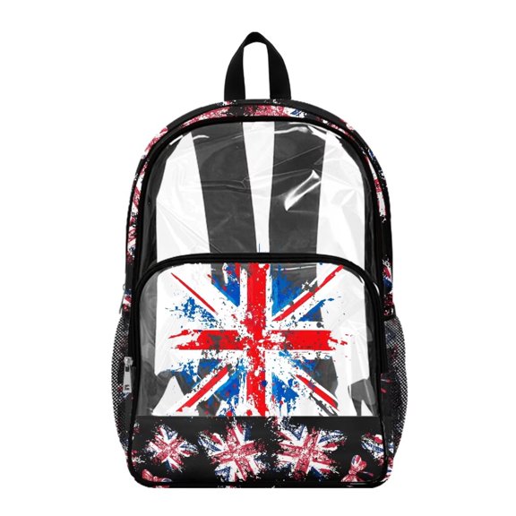 ZIATUBLES Clear Backpack, Heavy Duty Fabric & PVC Transparent Bookbag with Union Jack Graffiti Print, Large Capacity See Through Backpack for School College Work Travel Security