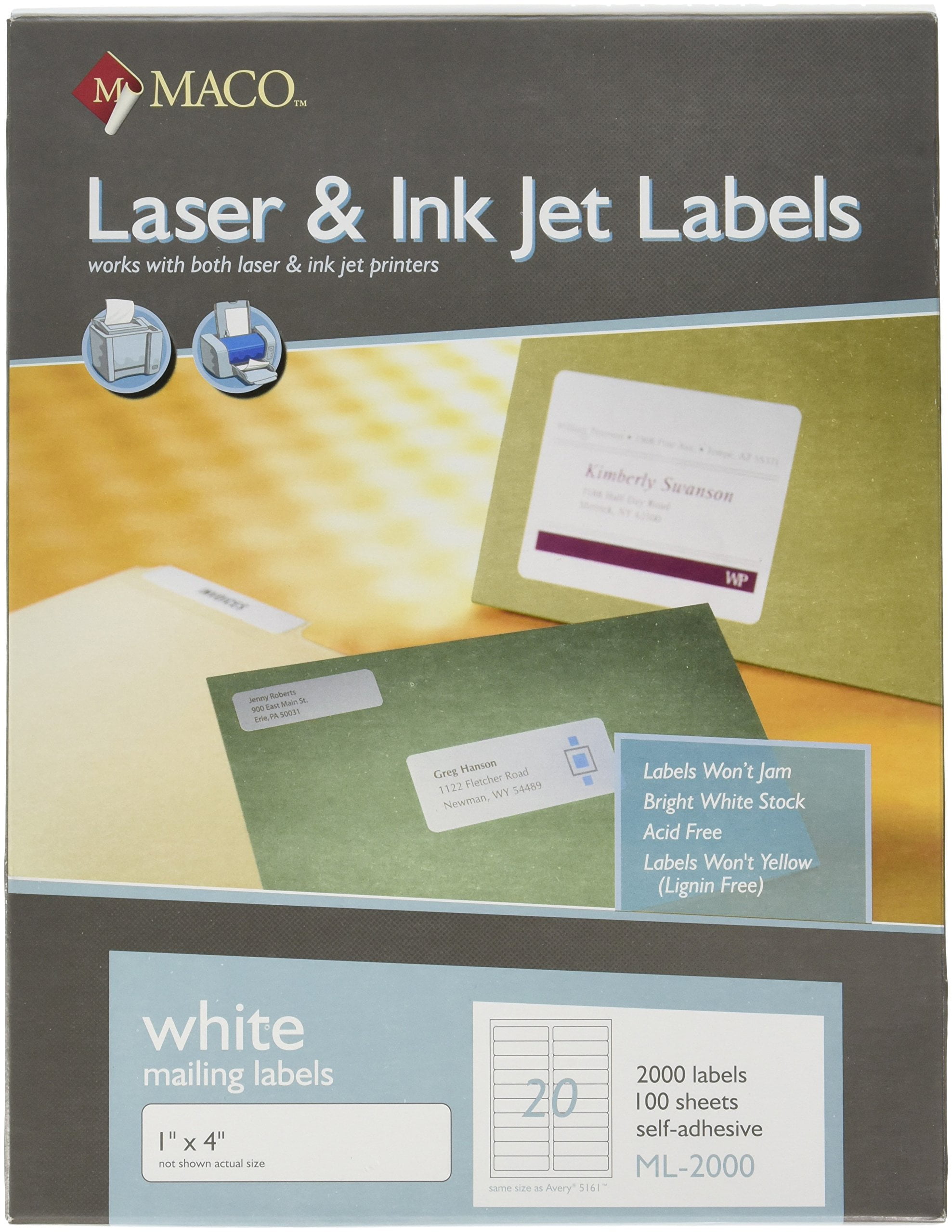 20 Per Sheet ML2000B 1 x 4 Inches MACO Laser/Ink Jet White Address Labels 