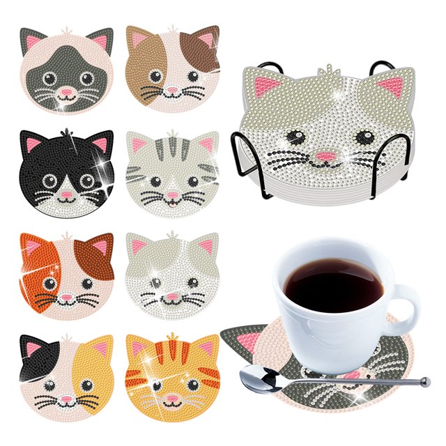 Kits Posavasos Con Pintura Diamantes 6/8/10 Uds. Soporte Forma Especial Gato Dibujos Animados