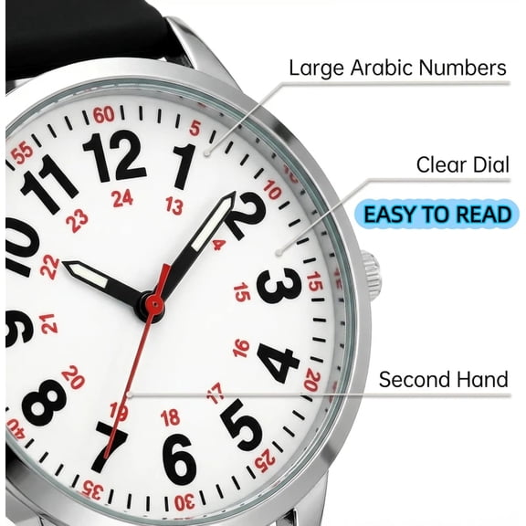YNTVV-Easy Read Women’s Watch with Second Hand, 35mm Dial with Large Arabic Numbers, Water Resistant Silicone Strap Wrist Watch with Luminous Hands