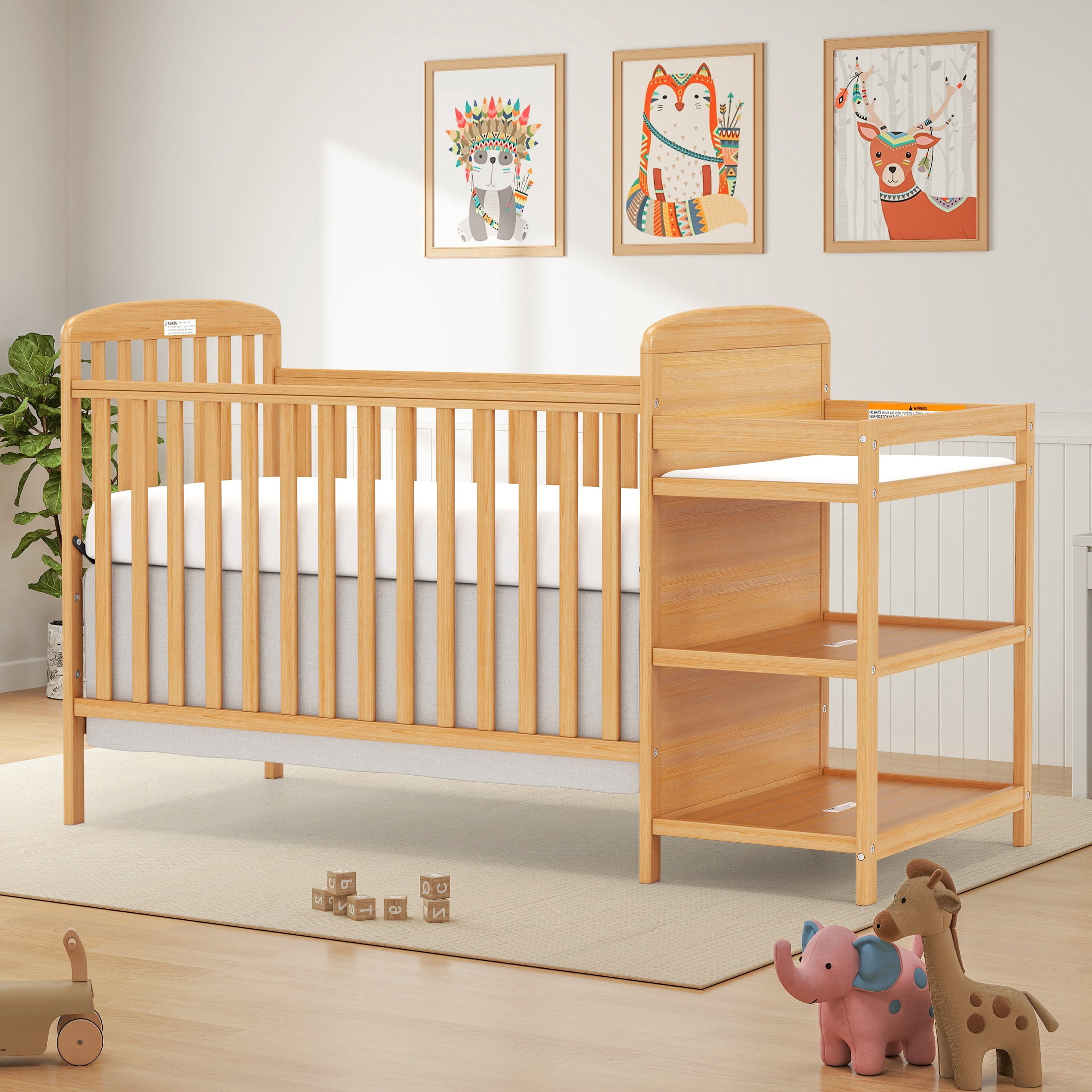 Conchico 3-In-1 Convertible Crib and Detachable Changer, New Zealand Pinewood Baby Crib, Toddler Daybed Bed with 3 Heights, Non-Toxic Finish, Easy to Assemble, Natural