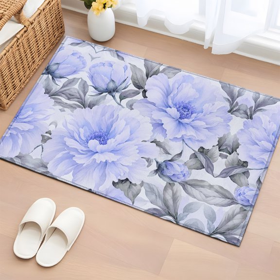 Blue Peony Flowers 2'x3' Washable Rug, Elegant Pastoral Floral Non-Slip Soft Doormat Area Rugs for Entrance Bathroom Bedsides, Front Doormat Carpet for Kitchen Bedroom, Entryway Floor Mat