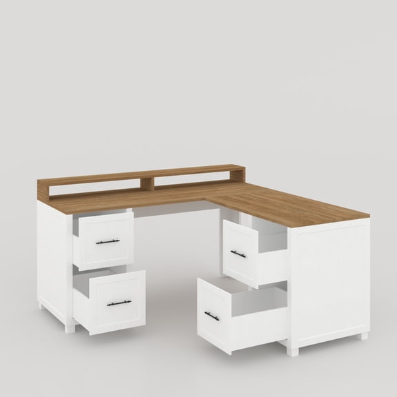 63" Executive L-Shaped Desk with 4 File Drawers & Power Outlet – Large Corner Computer Desk with Monitor Stand – Home Office Storage Desk