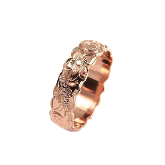 14K pink rose gold hand engraved Hawaiian plumeria scroll band ring cut out 6mm size 12