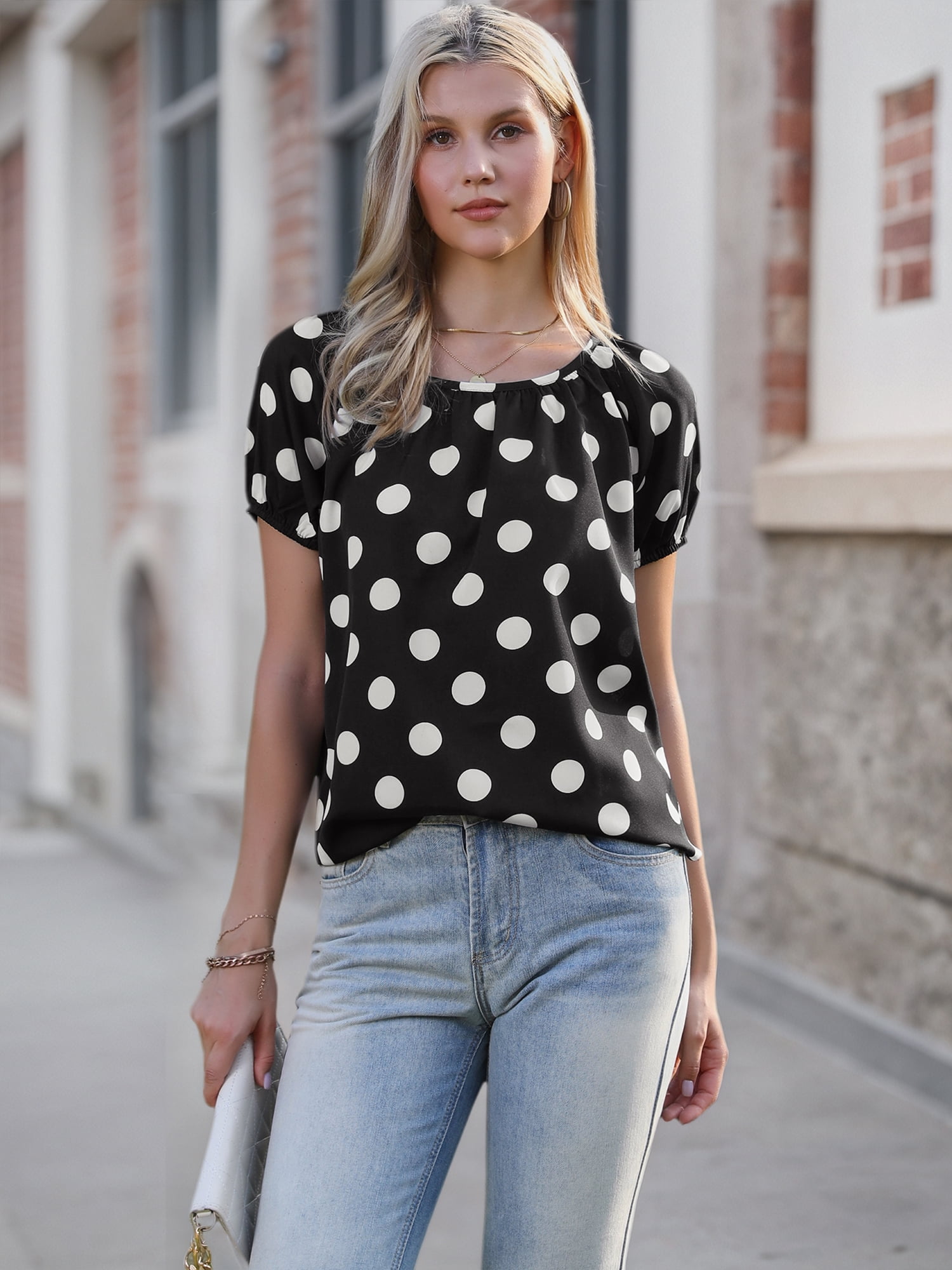 DARING DIVA Women's Polka Dot Top Vintage Short Sleeve Summer Casual Blouse M Black