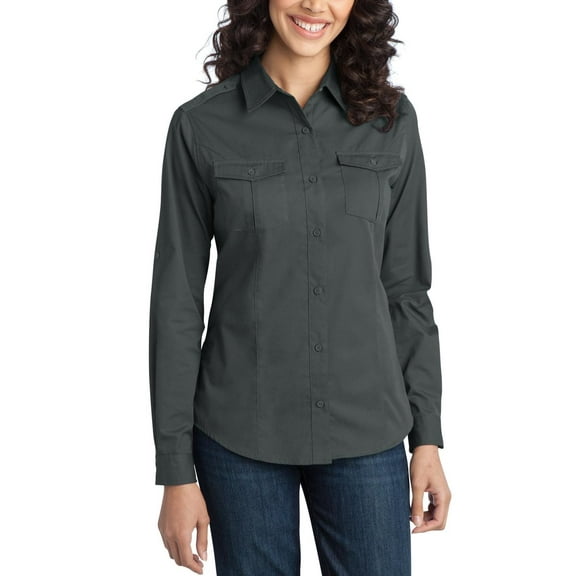 Just Blanks Ladies Stain-Resistant Roll Sleeve Twill Shirt, Steel Grey, 4XL