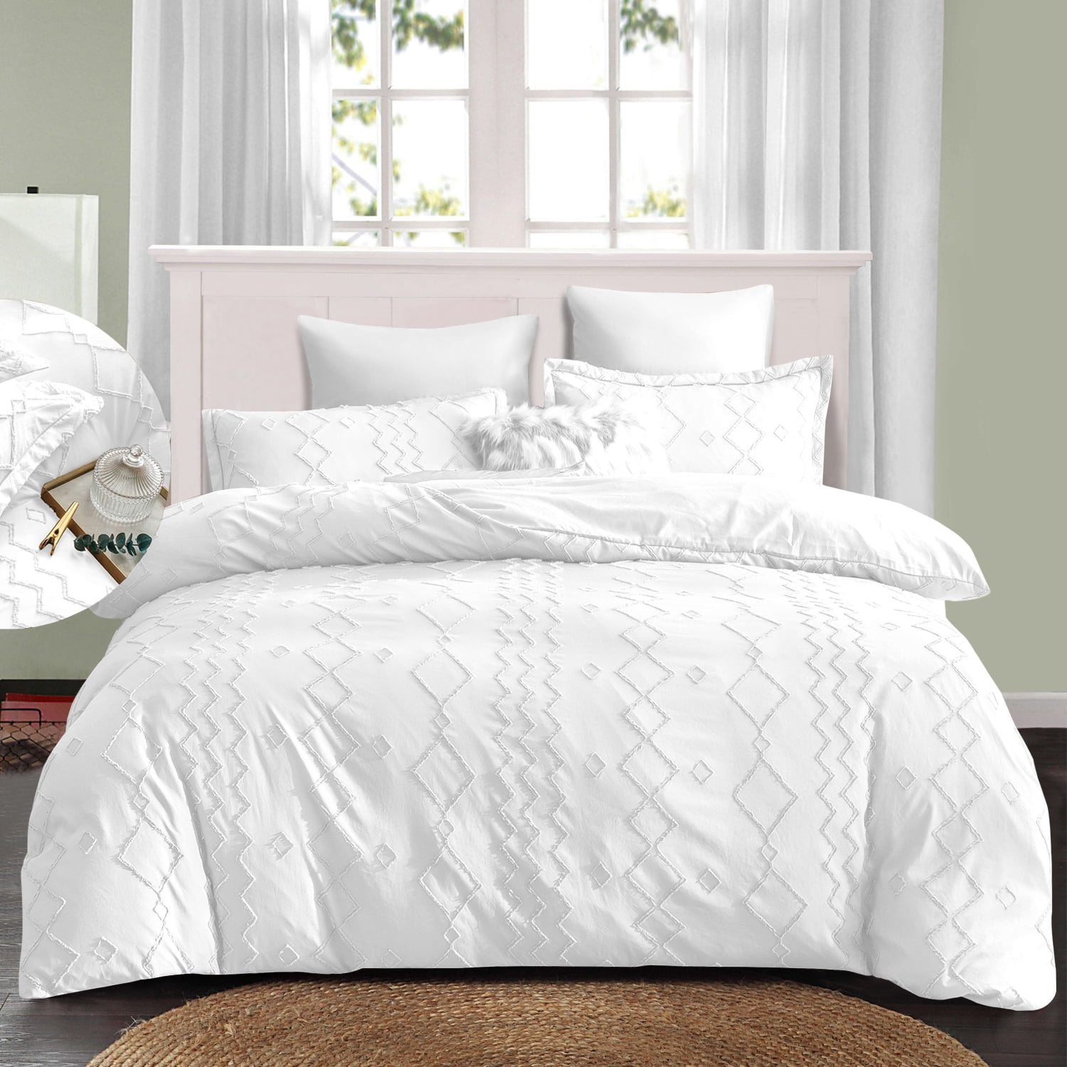 Shatex Tufted BedinABag White King Comforter Bedding Set 7 Piece