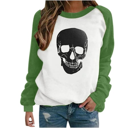 CYMMPU Clothing for Women Skull Print Long Sleeve Raglan Tops 2022 Fall Halloween Round Neck Tees Top Casual Sweatshirt Pullover