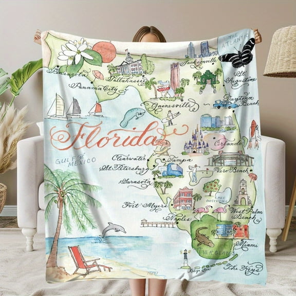 [Soft Blanket] Soft  Florida Print Blanket | Commemorative Blanket with Map Elements for Unforgettable Moments | Great Holiday Gifts for Classmates, Friends, Family and Lovers for Naps, Camping, Trav