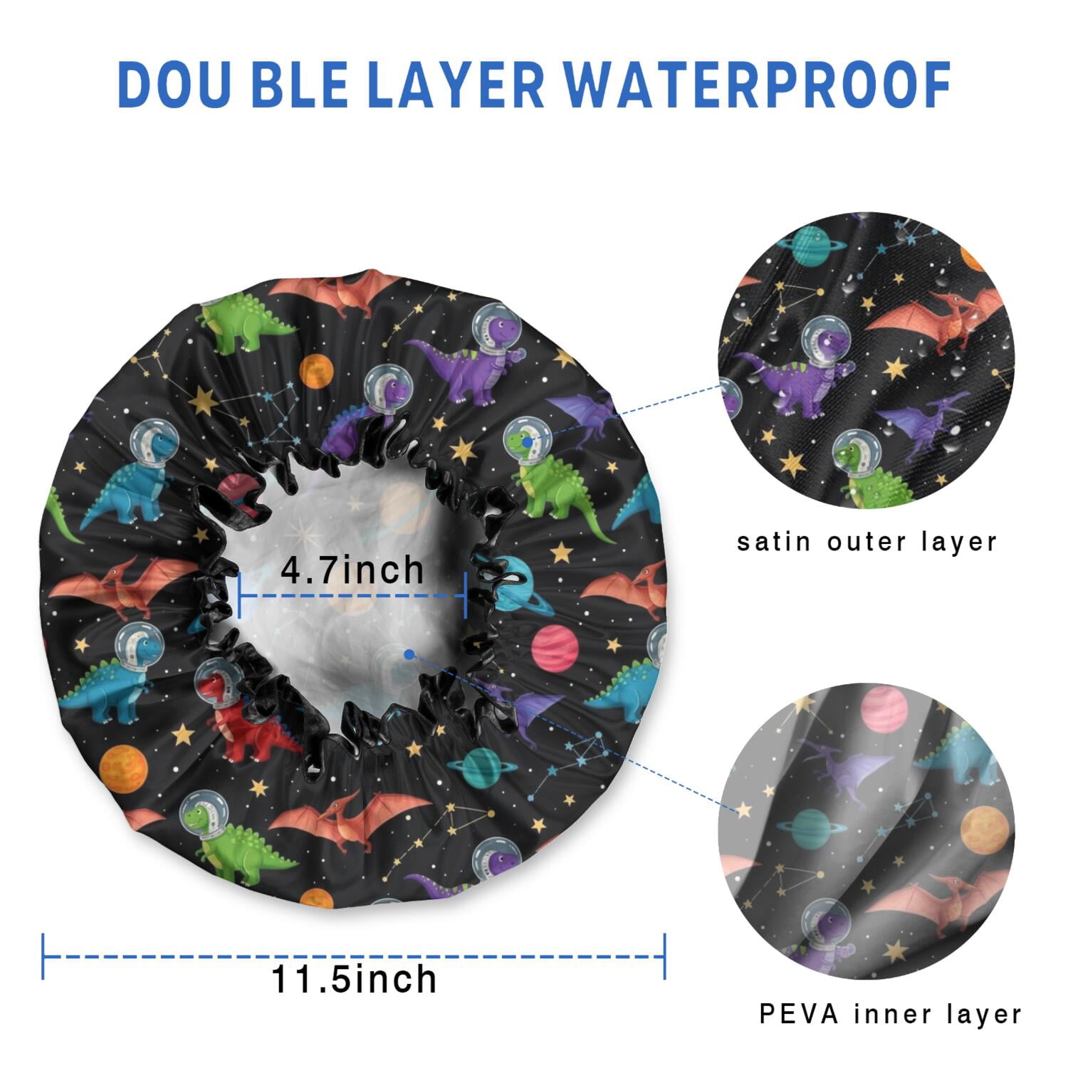 Shower Caps,Black Cartoon Space Dinosaurs Pattern Waterproof Shower Cap for Women 4 Pieces,Double Reusable Hair Cover for Shower PEVA Elastic Stretch Hem