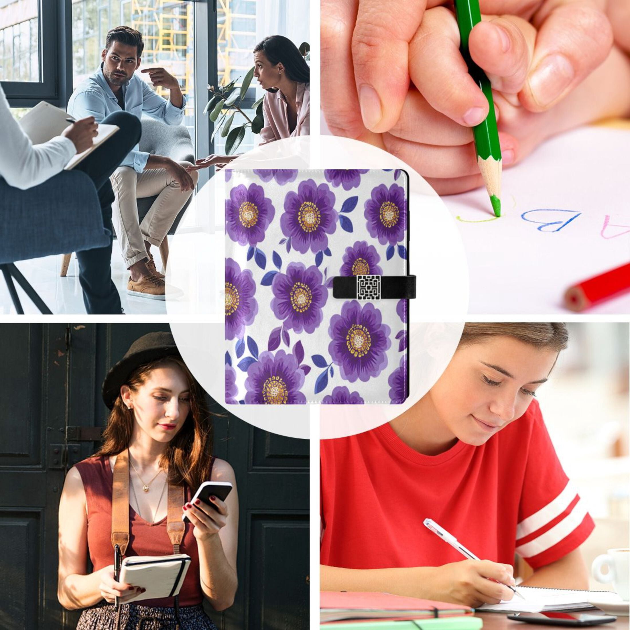 Leather Planner Leather Notebook Notebook Journal Binder Design Pen Pocket Design Convenient for Storage Retro Groovy Purple Daisies