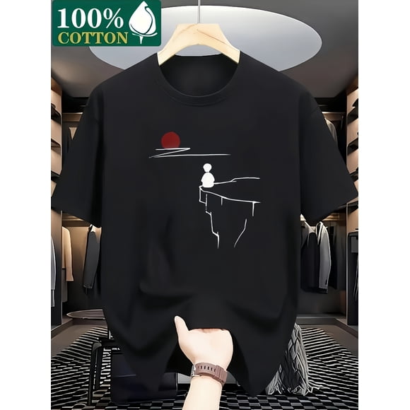 T Shirt Men'S & Women'S 100% Graphic - Black Casual Summer Tee with White Abstract Design Round Neck