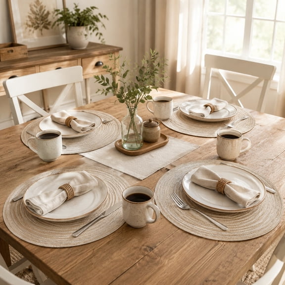 Round Braided Placemats Set of 4, 15 Inch Woven Table Mats for Dining Table, Farmhouse Kitchen Decor, Washable Non Slip Heat Resistant Place Mats for Indoor Outdoor Use