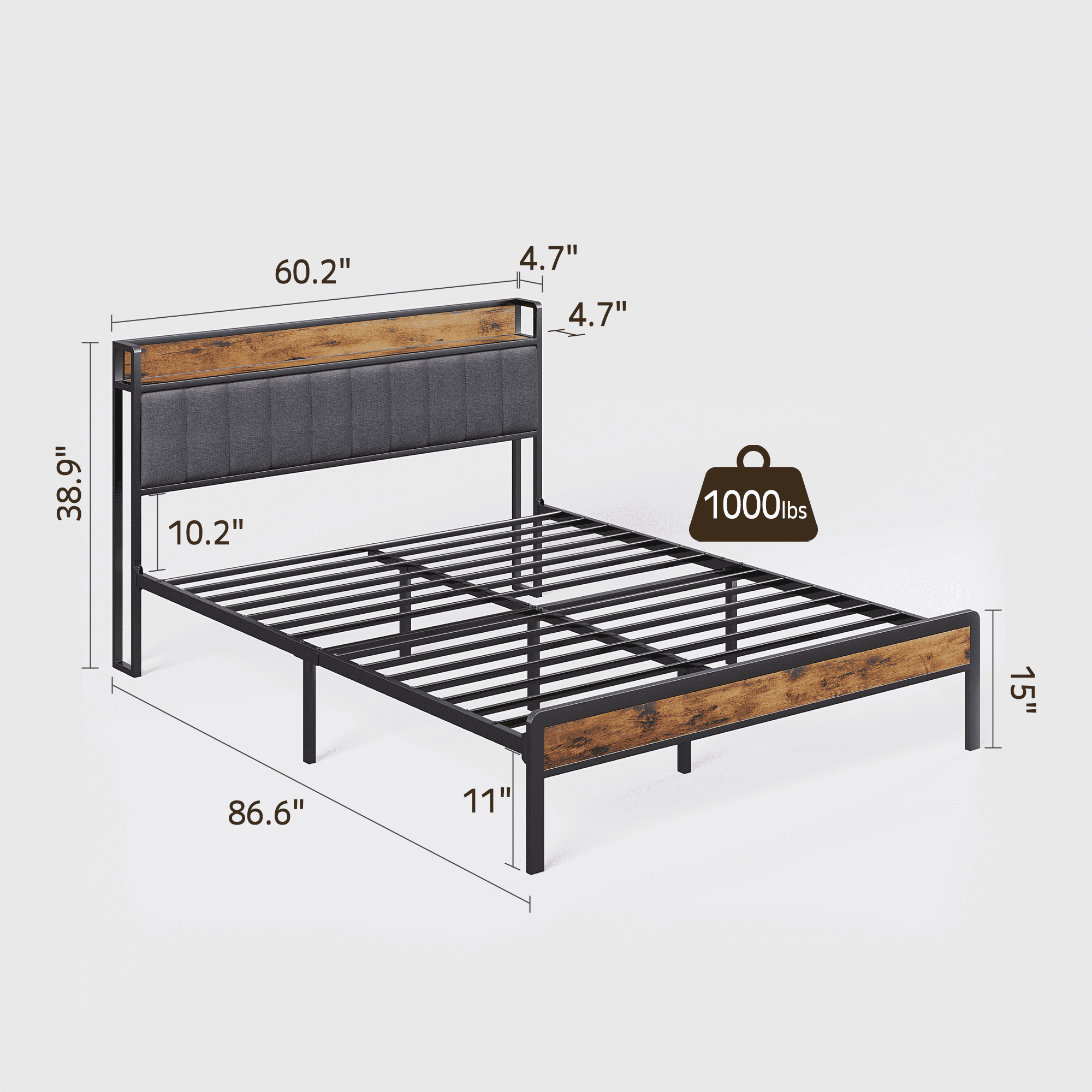 Asofer Queen Bed Frame with Upholstered Headboard, Metal Platform, Dark Gray