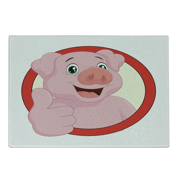 Cartoon Cutting Board, Pig Mascot with Thumbs Animal Illustration with a Circular Frame, Decorative Tempered Glass Cutting and Serving Board, Small Size, Vermilion Pale Pink, by Ambesonne