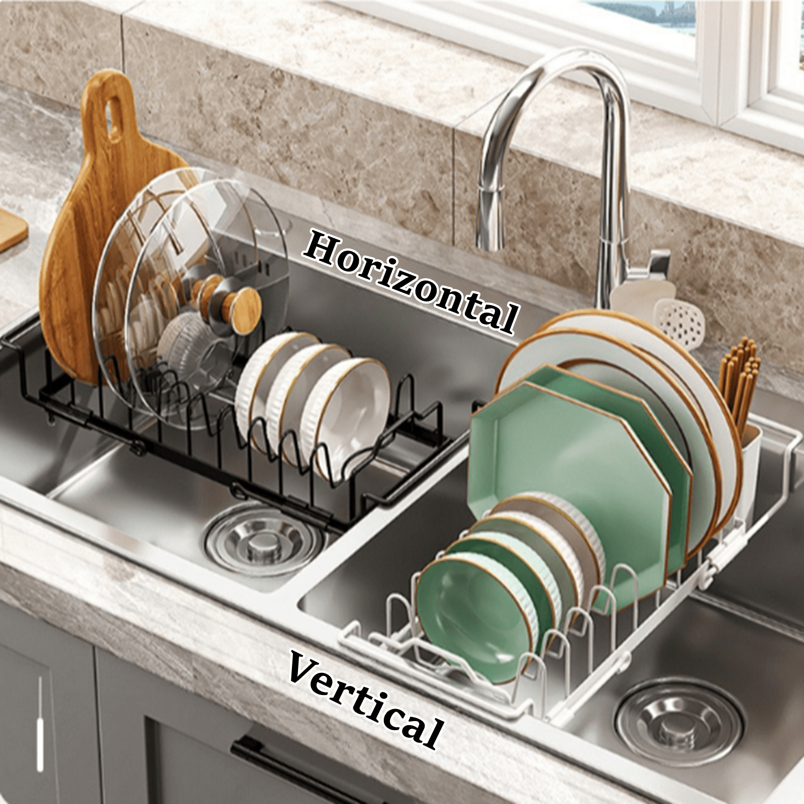 Bxaolu Sink Dish Drying Rack - Expandable Small Dish Rack Over Sinks with Drying Tray, Stainless Steel Dish Drainer for Kitchen Counter with Cutlery Holder, Drying Rack Fit 14’’-19’’ Kitchen Sink