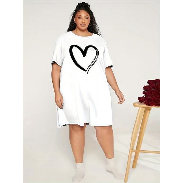 Robe Décontractée Grande Taille pour Femmes Été Confortable Manches Courtes Robe simple Imprimé Amour Mignon Drôle
