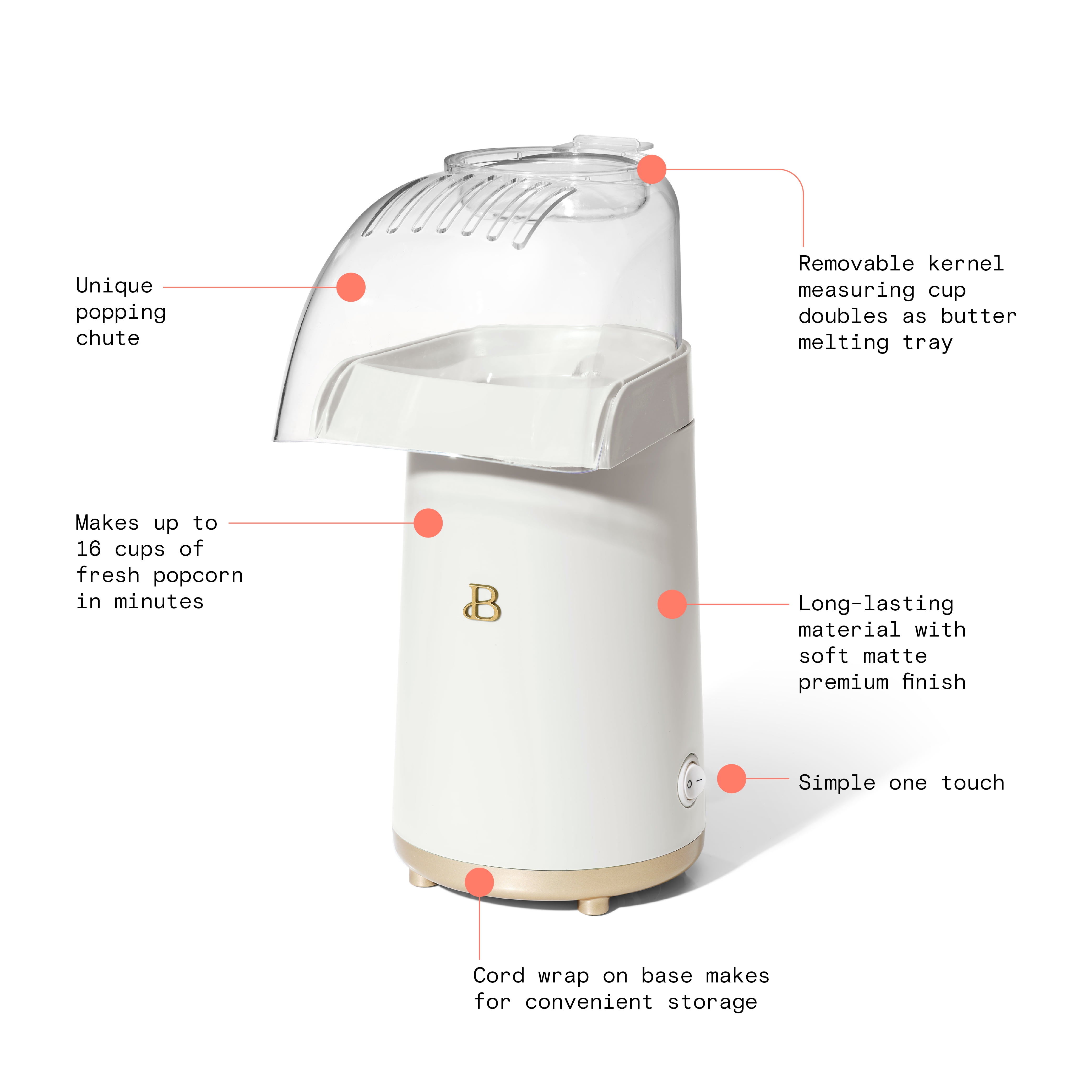 Beautiful 16 Cup Hot Air Electric Popcorn Maker, White Icing by Drew Barrymore