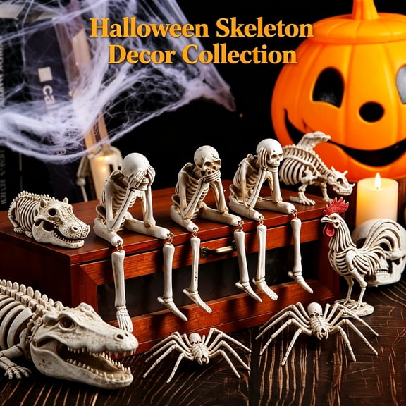 Dmlowu Animal Skeletons Halloween Decorations, 4x6" Plastic Halloween Skeleton for Home Decor, Spooky Human Skeleton for Halloween Decorations Outdoor & Infoor, White