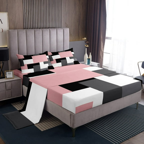 Erosebridal Geometric Sqare Sheet Set Twin,Abstract Artwork Bedding Sets Twin Size,Grey Pink Twin Sheet Sets,Ultra Soft Rectangle Room Decor,3pcs