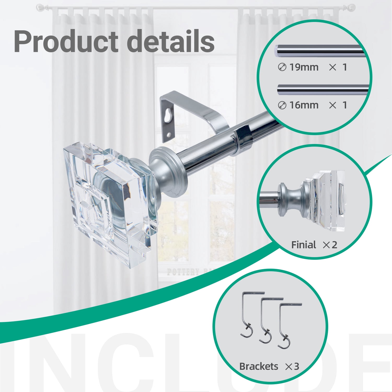 Curtain Rod Adjustable Window Drapery Rods with clear acrylic plexiglass square finials, 3piece brackets, hardware kits. Chrome 48-86 inches.