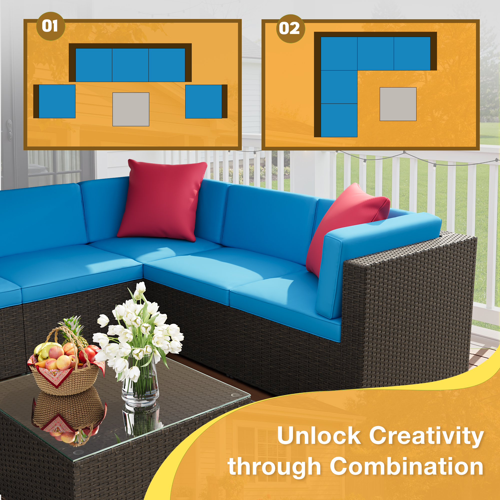 Lacoo 6 PCS Patio Outdoor Furniture Wicker Sectional Sofa with Cushion, Blue
