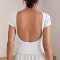 thumbnail image 4 of Women's U-Shaped Backless Short-Sleeve Tops Solid Color Boat Neck Base T-Shirt Bodycon Casual Tees Yoga Workout Tops White, 4 of 7