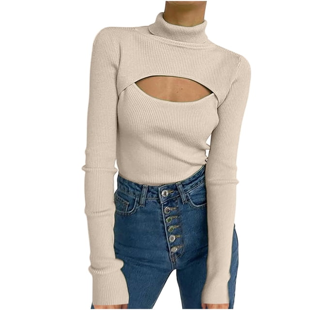 camisetas de cuello alto de manga larga de color sólido para mujer pompotops gfhjh22120 Top beige de punto canalé con cuello alto y recorte frontal tipo ojo de cerradura, silueta ajustada, mangas largas y largo hasta la cintura, mostrado en vista frontal con jeans de talle alto; adecuado para uso informal y diario.