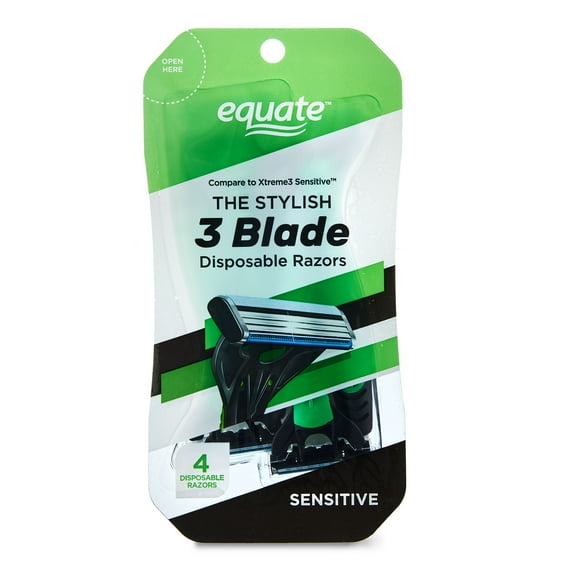 Equate Men's 3 Blade Disposable Razors, Sensitive (4 Count), Compare to Schick® Xtreme3 Sensitive™