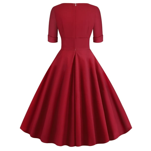Vestidos Para Mujer Vestido de Fiesta Manga Corta Cuello en V Color Solido Vestido Retro de Cintura Alta Odeerbi ODB174113 Bodega Aurrera en linea
