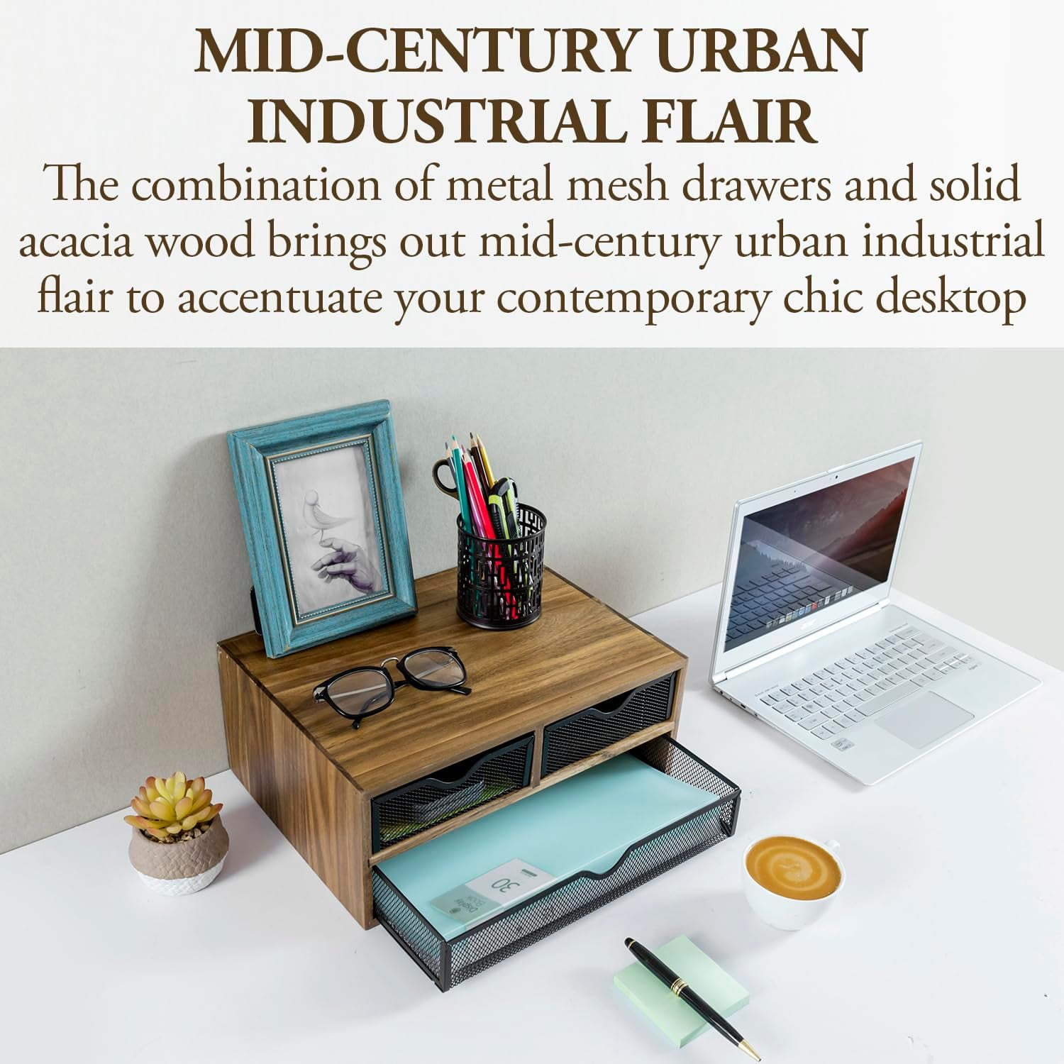 Premium Acacia Solid Wood Desktop Organizer Box with 3 Removable Black Metal Mesh Trays, Rustic Office Desk Supplies Storage Drawers for Accessories