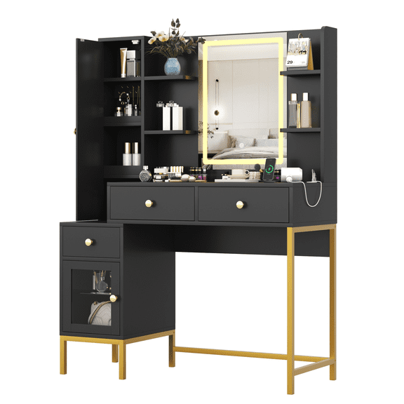 Vanity Desk with Mirror & Lights – 3 Lighting Modes, Charging Station, 3 Drawers, Cabinet, Open Shelves, Stool – White Dressing Table for Bedroom