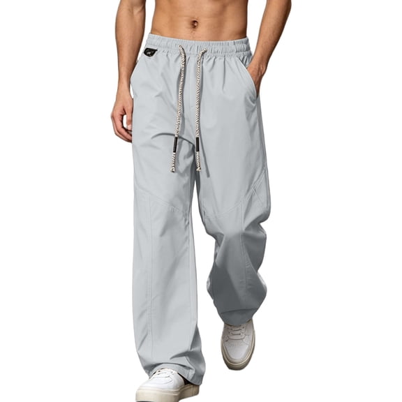 WRKEKC Mens Cargo Pants Topstitch Design Drawstring Elastic Waist Loose Straight Leg Outdoor Summer Trousers Casual Style