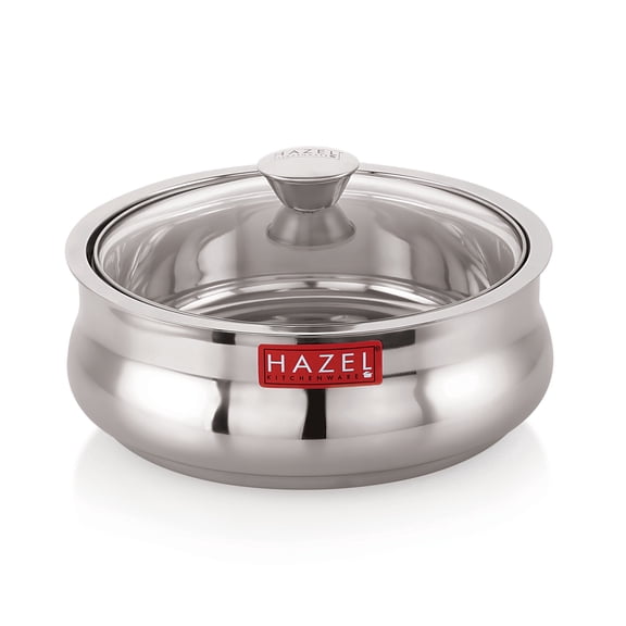 HAZEL Stainless Steel Casserole for Roti With Glass Lid, 1250 ML, Silver