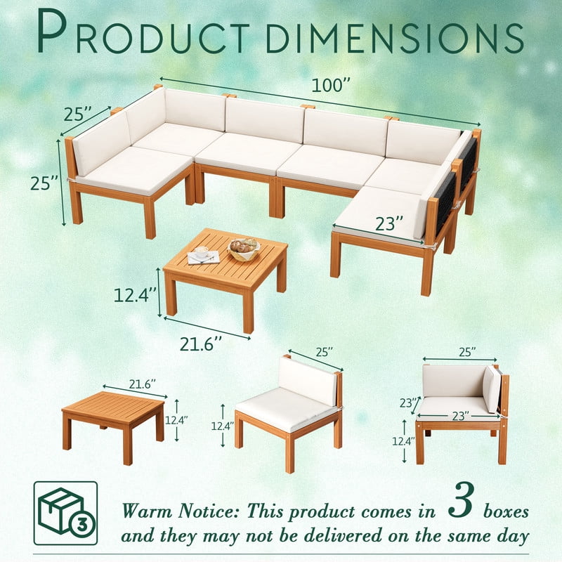 Vineego 7 pieces Patio Acacia Wood Sectional Sofa with Cushions，Outdoor Furniture Set for Porch, Yard and Balcony