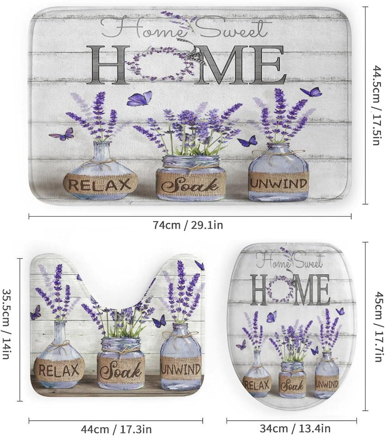 4PCS Shower Curtain Sets with Rugs Farmhouse Shower Curtain Neutral Rustic Country Shower Curtain Sets Purple Lavender Flower Shower Curtain Sets Bathroom Decor with Non-Slip Bath Mat Toilet Rug