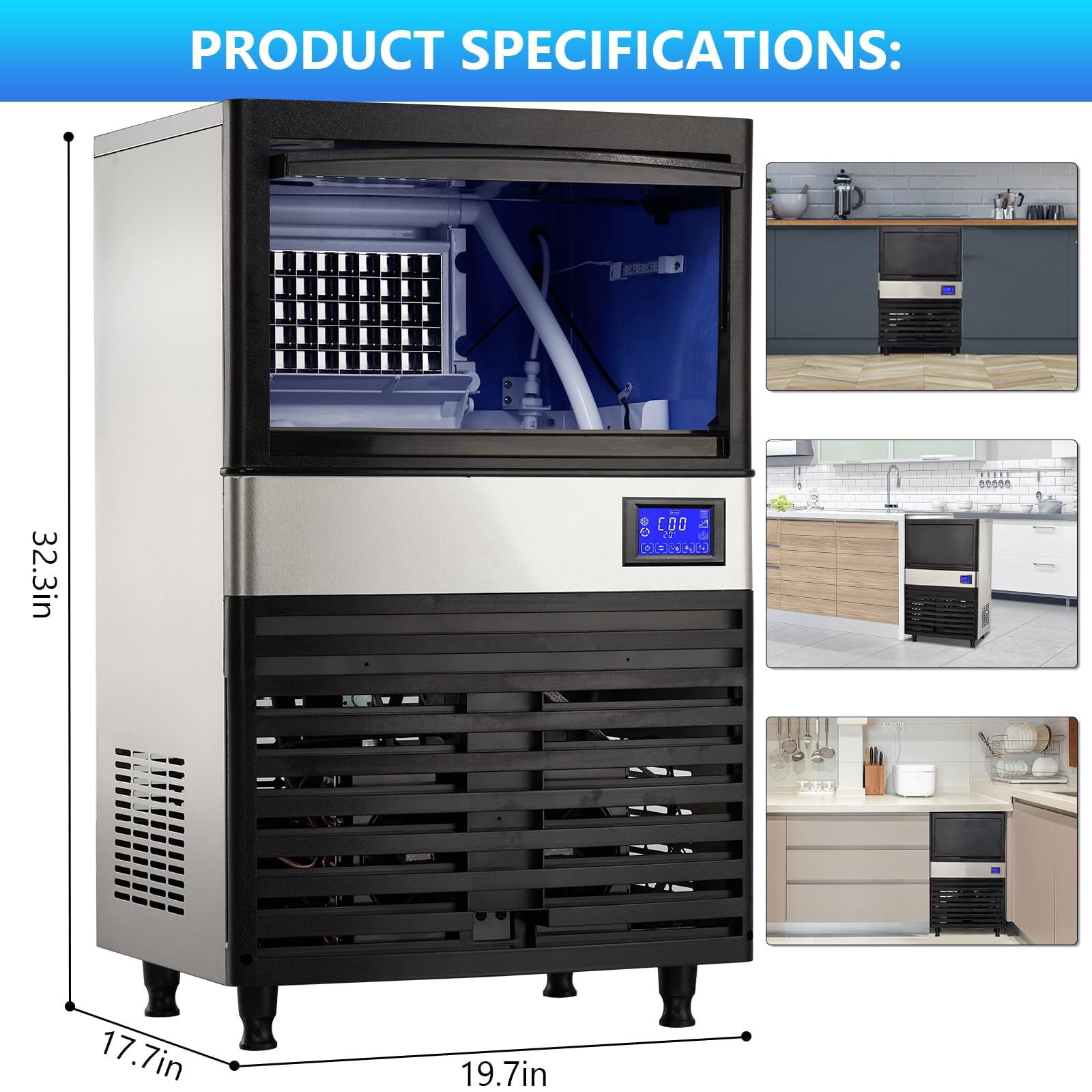 EastVita Multi-style Commercial Ice Maker Machine, with Storage Bin, Clear Ice Cubes, Counter Freestanding Ice Machine for Home/Party/Bar/Restaurant