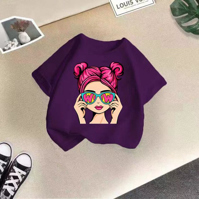 CHAOLEI T-Shirt Graphique Mignon pour Filles Col Rond Manches Courtes Été Décontracté T-Shirt Violet, 3-4 Ans