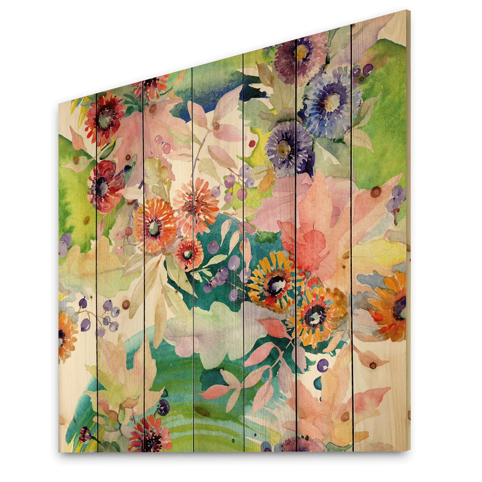 Designart 'Wildflowers and Vibrant Wild Spring Leaves II' Traditional Print on Natural Pine Wood