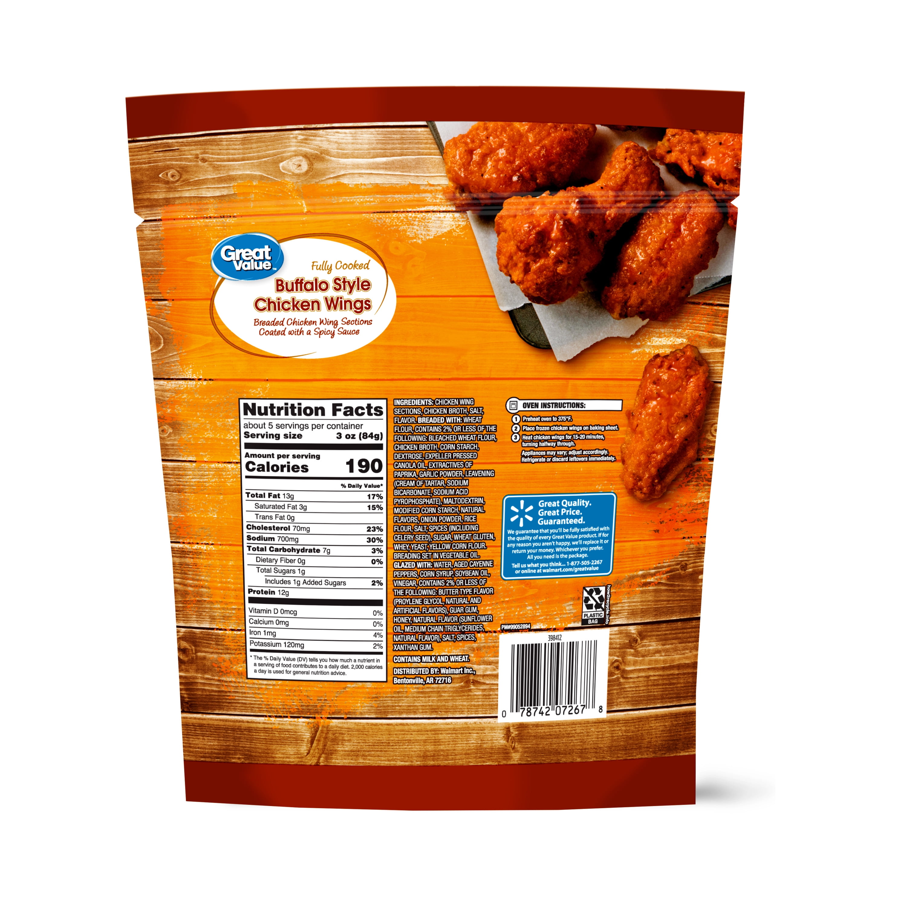 Great Value Fully Cooked Buffalo Style Chicken Wings, 22 oz (Frozen)
